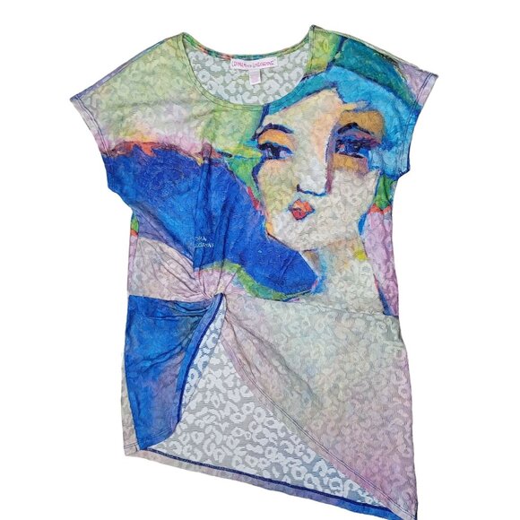 Leoma Lovegrove Women Artistic Print face Top Sz S Multicolor summer front knot - Picture 1 of 6